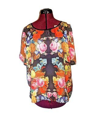 TORRID Top 0 Floral Short Sleeve Blouse Hi-Low Hem L 12 Large Plus Size Flowy